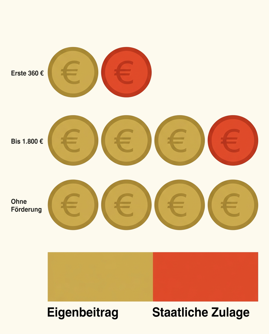 Infografik mit Euro-Münzen in Gold und Rot: Bei ersten 360 € stehen eine goldene und eine rote Münze. Bei bis 1.800 € sind es drei goldene und eine rote. Ohne Förderung vier goldene. Legende: Gold = Eigenbeitrag, Rot = Staatliche Zulage.