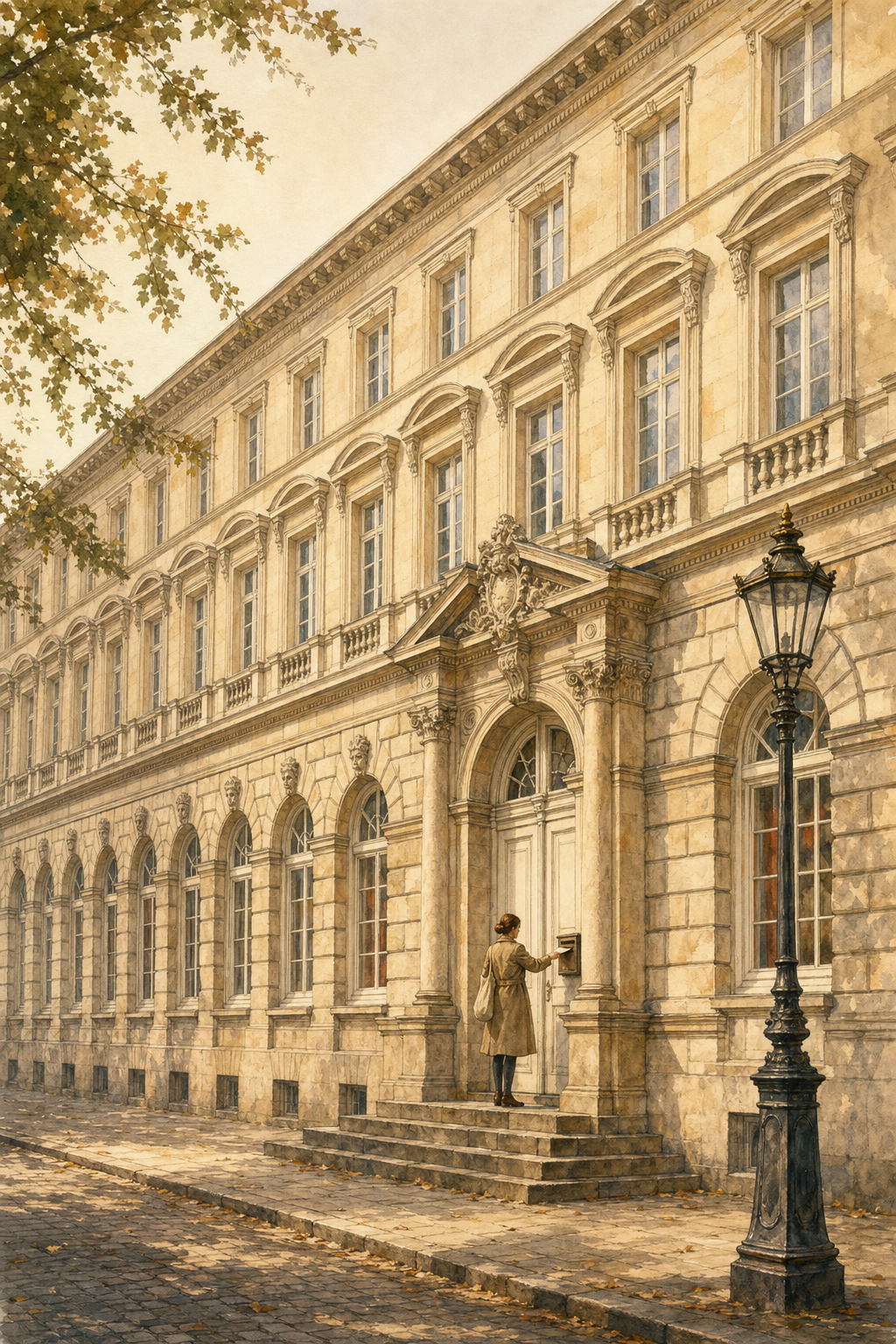 Eine junge Frau im beigen Mantel steht auf der Treppe eines historischen Amtsgebäudes und schiebt einen Brief in einen Wandbriefkasten neben dem Portal. Die helle Sandsteinfassade mit Rundbogenfenstern läuft nach links in die Tiefe, rechts eine gusseiserne Straßenlaterne, oben Laubzweige. Gemalt in warmem Aquarellstil.