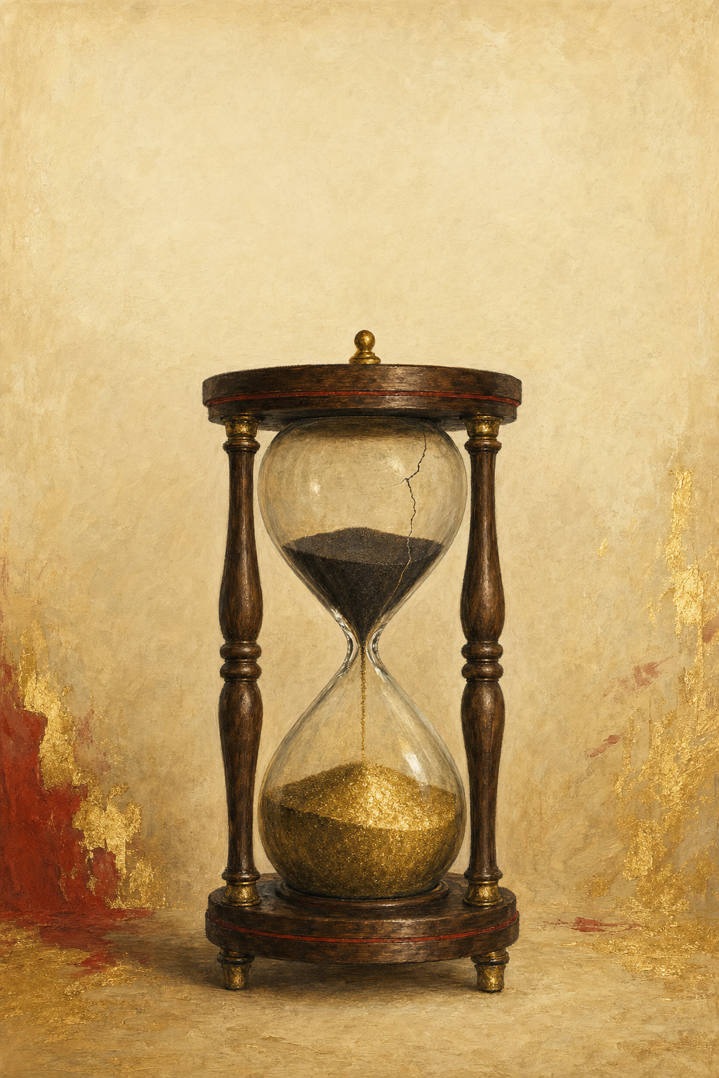 Eine antike Sanduhr steht vor beigem Grund. Im oberen Glaskolben liegt dunkler, fast schwarzer Sand, durch das Glas zieht sich ein Riss. Im unteren Kolben hat sich der Sand zu einem goldglänzenden Häufchen gesammelt. Der Rahmen ist aus dunklem Holz mit roten Zierlinien.